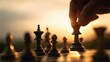 © pinkrabbit - chess battle, victory, success, leader, teamwork, business strategy . business man wear business suit move prepare move king chess pieces, plan strategy lead successful business competition leader.