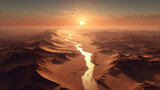 River in desert, breathtaking sunset over mars-like rocky landscape, water in sandy dunes