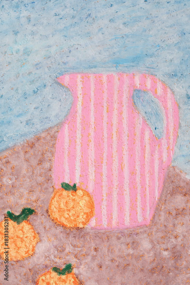 Summer food still life art drawing. Oil pastel by hand on paper