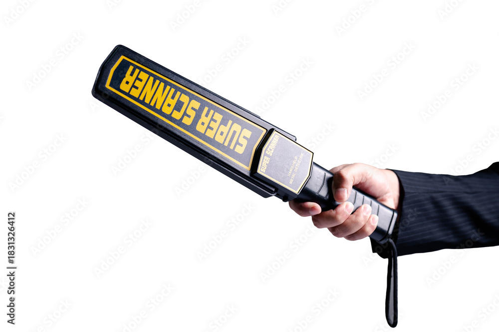 Hand holding a handheld metal detector scanner isolated on white ...