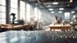 © 楠 刘 - Bright modern woodworking workshop with metal workbench, scattered shavings and dust, soft natural light from large windows, dynamic and realistic craft interior scene.