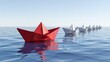 © Pixels Stock - A single vibrant red paper boat leads a line of white paper boats across a calm blue ocean under a clear sky