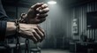 © Khlaing - A man's hands bound with chains in a dark, dimly lit room with a striped wall and a clock on the wall.