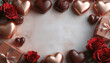 © Rizz All - Romantic Valentine's Day flat lay with chocolate hearts, red roses, and gift boxes creating a beautiful border with copy space