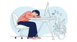© Norman - An overworked and exhausted person has fallen asleep at their desk on their keyboard with a computer and a plant nearby.