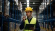 © Wool World - Warehouse Worker Communicating with WalkieTalkie in Industrial Storage Facility.