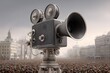 © Achirawee - Cinematic 3D: old film camera filming a revolutionary rally, sepia lighting, side panel blank for title