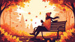 © OneAhmad - A serene autumn illustration of a person relaxing on a park bench with a warm drink, surrounded by colorful falling leaves and fall foliage