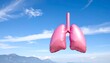 © Wijit - Pink inflatable lungs floating in the sky over mountains, symbolizing breathing and health.