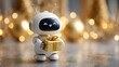 © hao - A small, white robot with a smiling face holds a golden gift box. The background features blurred golden decorations, creating a festive atmosphere. copy space. High quality