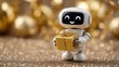 © hao - A small, white robot with a smiling face holds a golden gift box. The background features blurred golden decorations, creating a festive atmosphere. copy space. High quality