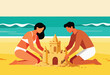 © Outkast - Illustration of a couple building a sandcastle on a sunny beach, waves in the turquoise ocean