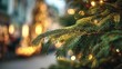 © hao - Close-up of delicate green evergreen tree branches with golden lights, blurred background emphasizing foreground elements, creating a festive atmosphere for Christmas and winter events. High quality
