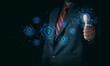 © PRIM - Businessman scanning thumb fingerprint on digital interface for biometric security access. Concept of cyber identity verification, network safety and electronic data protection.