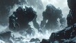 © gilz_r - Two colossal rock giants emerge from a misty icy landscape their forms imposing and powerful.