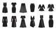 © Mr. Stocker - Collection of black women's clothing silhouettes featuring various elegant dresses, skirts, and blouses in a classic icon set for fashion and wardrobe concepts