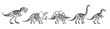© Mr. Stocker - Five different dinosaur skeletons illustrated in a simple black outline style, including various species like T-Rex, Triceratops, and Stegosaurus in a horizontal collection
