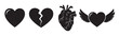 © Mr. Stocker - Set of four black heart icons showing different concepts of love, including a whole heart, a broken heart, an anatomical heart, and a heart with angel wings in a simple vector style
