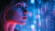 © Olsek - A young woman gazes intently at a digital interface. The vibrant blue and pink lights create a futuristic atmosphere. Curiosity and wonder abound in this scene. Generative AI