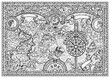 © samiramay - Old vector map with unknown land, ships, compass and fantasy creatures in decorative frame. Pirate adventures, treasure hunt and old transportation concept. Hand drawn illustration, coloring page.