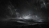A desolate, monochromatic, alien landscape under a dramatic, stormy, or cosmic sky.