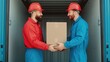 © Intelligent Horizons - Image of two couriers in blue and red uniforms working together to exchange packages at the back of a delivery truck