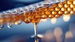 © Visa - Close-up of golden honey dripping from a honeycomb, with a blurred blue and gold background.