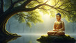© manyidea - Golden buddha statue meditating peacefully under a large tree by a tranquil lake