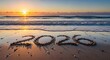 © Zaheer - Beautiful sunset over the ocean with the year 2020 written in the sand on the beach