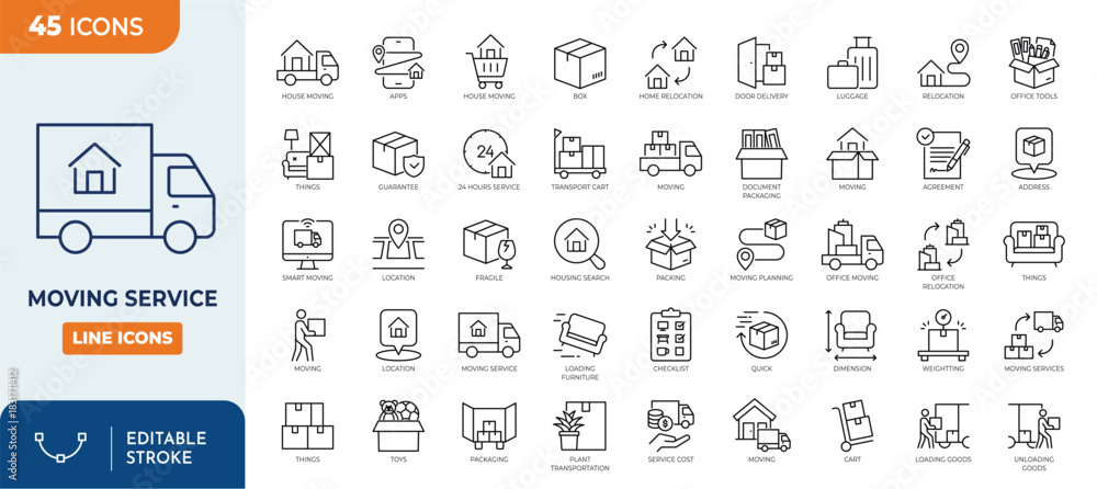 Moving Service line editable icon set. Contain icons relaed to Moving ...