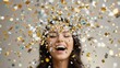 © NN AI - Happy woman celebrating under falling gold and silver confetti. Joyful female enjoying festive party. Success and winning concept