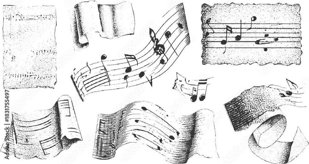 Collection of vintage music notes and scrolls in black and white ...
