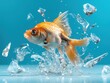 © Nucharee - Goldfish leaping through water and ice shards.
