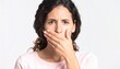 © Phanupong - Woman covering mouth with hand showing concern and secrecy on white background