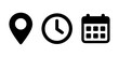 © Neo - Calendar, clock, and location pin icons. Time, date, and address icon vector set for events, banner, poster, meeting, agenda, invitation and business cards