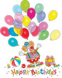 © Alexey Bannykh - Birthday card with a funny circus clown, holiday gifts and flying colorful balloons, vector cartoon illustration on a white background