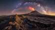 © Mousumi - Volcanic Eruption Under a Spectacular Milky Way Arch with Lightning or Aurora in a Desolate, Cracked Landscape.