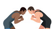 © Ophelia - Two wrestlers face off in competitive stance on a white background