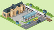 © PDWN Creative - Isometric Train Station Scene with Modern Passenger Train and Urban Transport Infrastructure Illustration