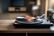 © designermetin - Closeup of black vintage turntable spinning vinyl record in stylish living room with sunlight and shadows