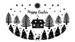 © malik ki hun yar - Happy easter greeting card design featuring a charming silhouette of a rustic cabin surrounded by pine trees and a gentle deer in a whimsical forest setting under a starry sky