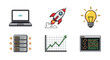 © Sophia - Set of six pixel art icons representing technology and startup concepts like launch, idea, data, and coding, in a retro 8-bit style