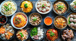 © Streamline Design - Assortment of delicious asian cuisine bowls, top-down view.