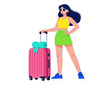 © NguyenThi - Stylish young woman in bright clothes traveling with a pink suitcase