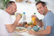 © auremar - gay couple have breakfast in the kitchen in sunny day