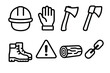 © peppastocker - Forest Safety Icons. Forest work safety concept linear icon set: helmet, glove, axe, saw, boots, warning sign, log, chain