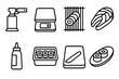 © peppastocker - Modern Sushi Icons. Modern Sushi Making linear icon set. sushi torch, digital scale, sushi roller, salmon fillet, sauce bottle, sushi box, cutting board, presentation plate