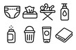 © peppastocker - Diaper Changing Essentials. Diaper changing concept linear icon set: diaper, wipes, changing table, lotion, powder, trash bin, baby cream, towel