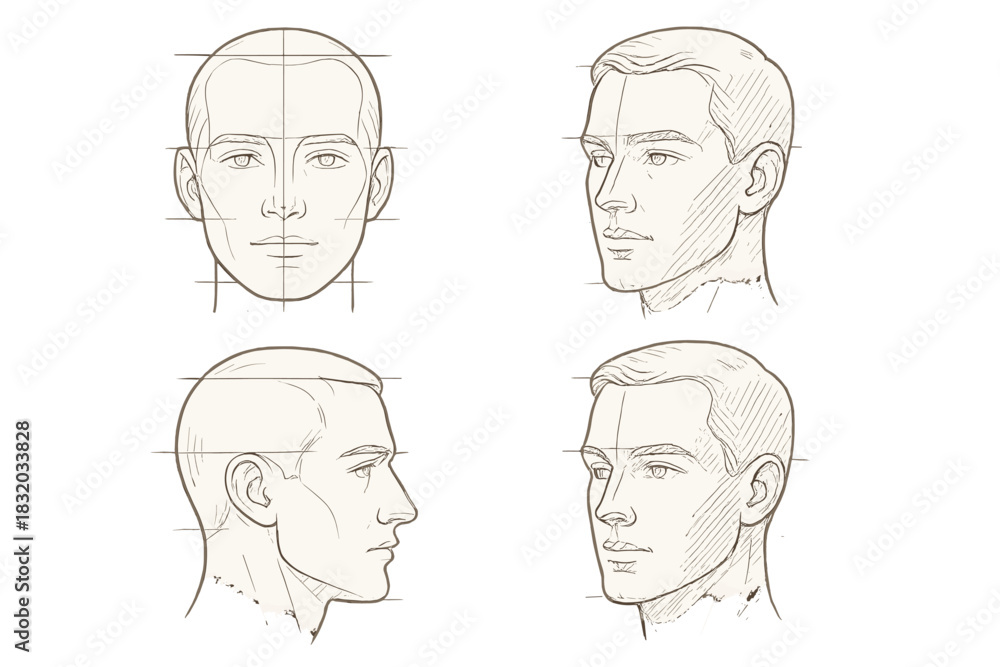 Guide to drawing male facial features from multiple angles with grid ...