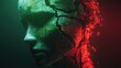 © dK - Futuristic cracked humanoid AI face in red and green light symbolizing emotional conflict in trading